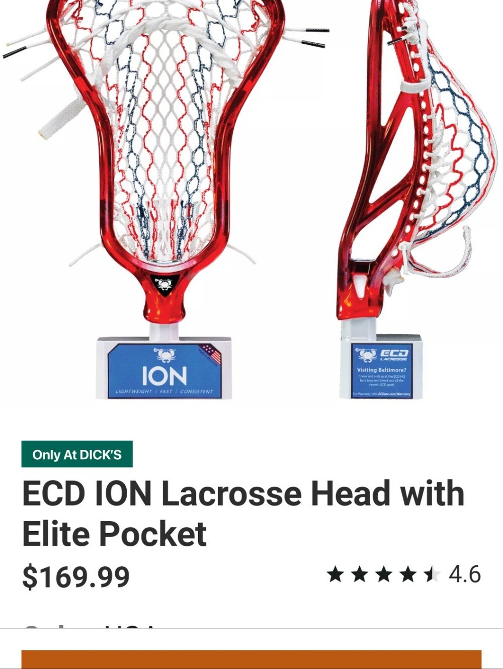 ION Lacrosse Head with Elite Pocket - Red